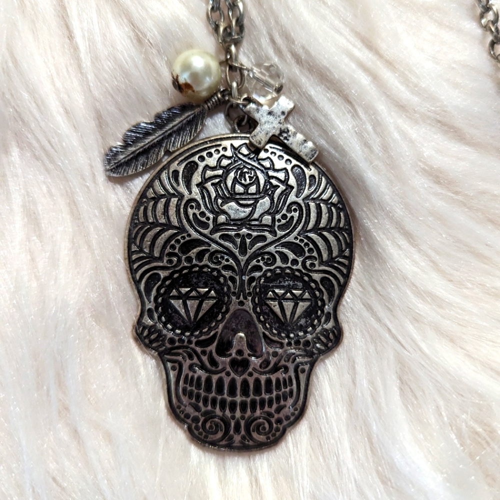 Skull silver long chain necklace